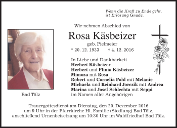 Traueranzeige von Rosa Käsbeizer von merkurtz