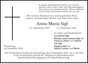 Traueranzeige von Anna-Maria Sigl von merkurtz