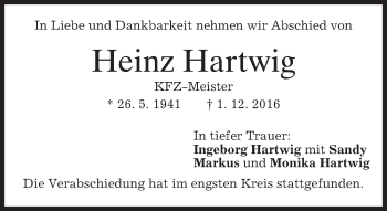 Traueranzeige von Heinz Hartwig von merkurtz
