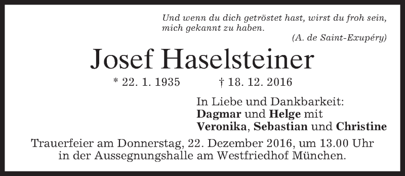  Traueranzeige für Josef Haselsteiner vom 21.12.2016 aus merkurtz