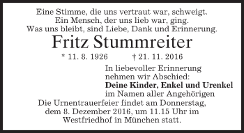 Traueranzeige von Fritz Stummreiter von merkurtz