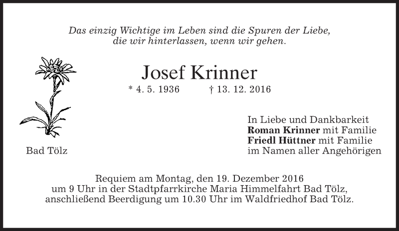  Traueranzeige für Josef Krinner vom 16.12.2016 aus merkurtz