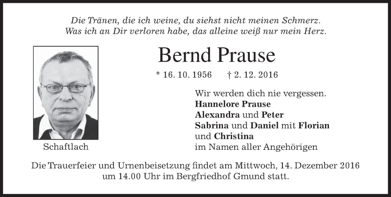  Traueranzeige für Bernd Prause vom 10.12.2016 aus merkurtz