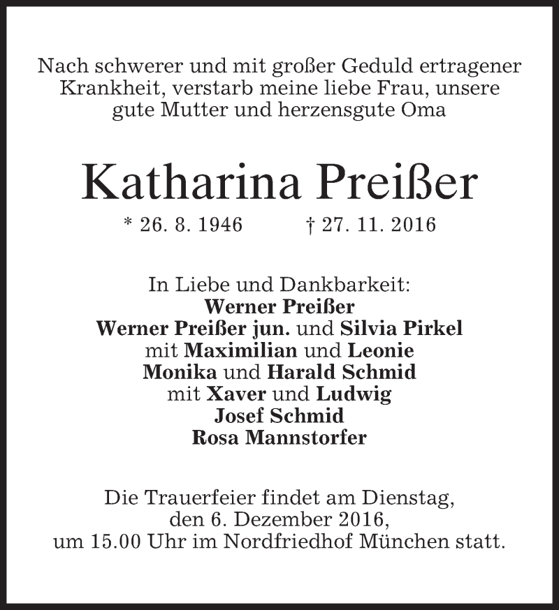  Traueranzeige für Katharina Preißer vom 03.12.2016 aus merkurtz