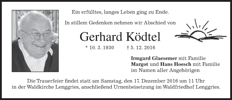 Traueranzeige für Gerhard Ködtel vom 15.12.2016 aus merkurtz