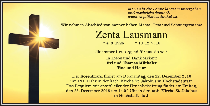  Traueranzeige für Zenta Lausmann vom 20.12.2016 aus merkurtz