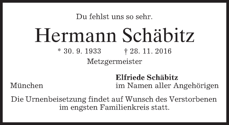  Traueranzeige für Hermann Schäbitz vom 03.12.2016 aus merkurtz