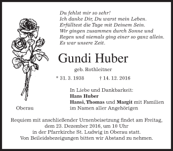 Traueranzeige von Gundi Huber von merkurtz