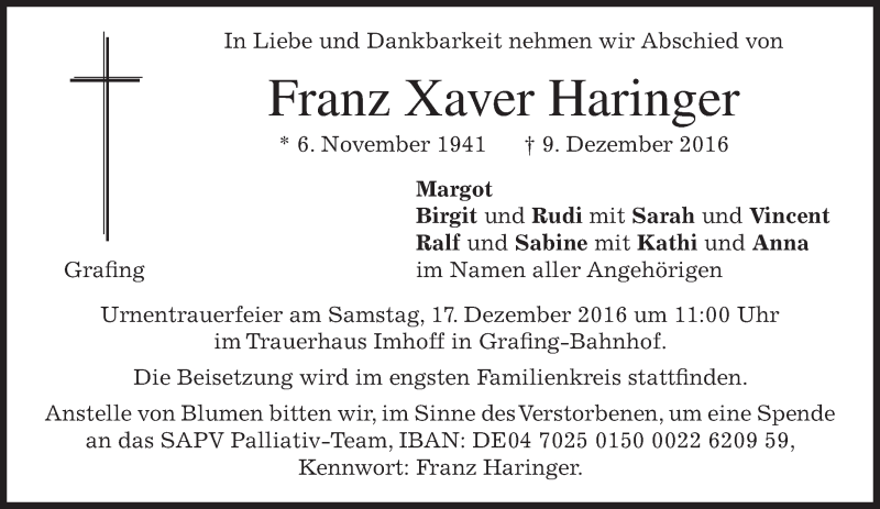  Traueranzeige für Franz Xaver Haringer vom 10.12.2016 aus merkurtz