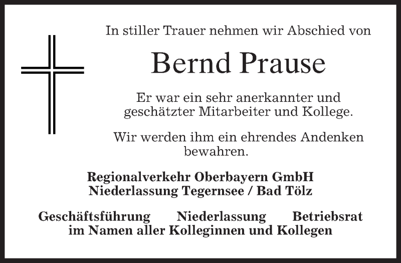  Traueranzeige für Bernd Prause vom 13.12.2016 aus merkurtz