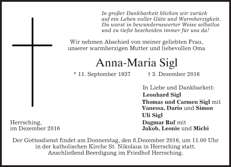  Traueranzeige für Anna-Maria Sigl vom 06.12.2016 aus merkurtz