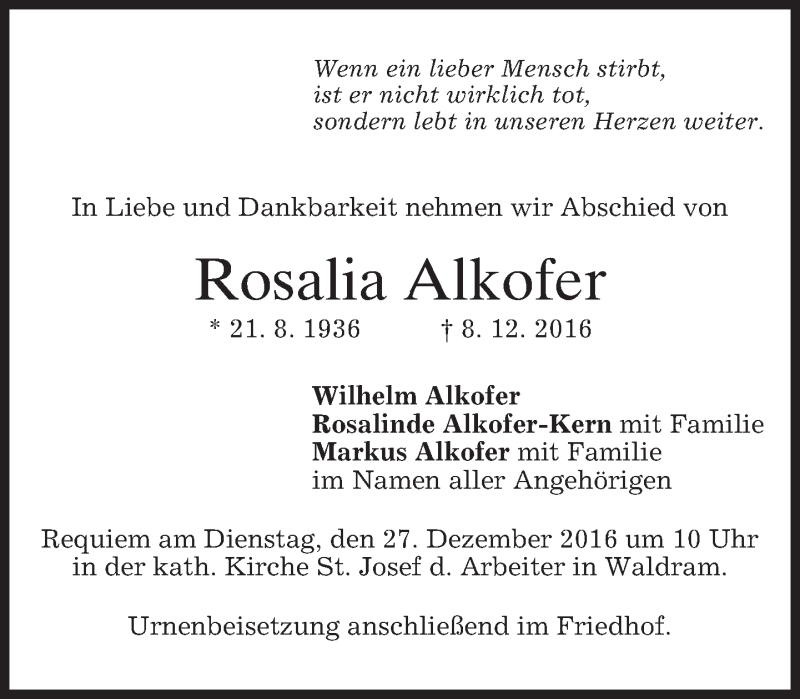 Traueranzeigen Von Rosalia Alkofer | Trauer.merkur.de