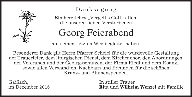  Traueranzeige für Georg Feierabend vom 31.12.2016 aus merkurtz
