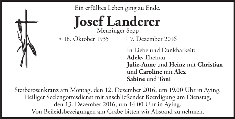  Traueranzeige für Josef Landerer vom 10.12.2016 aus merkurtz