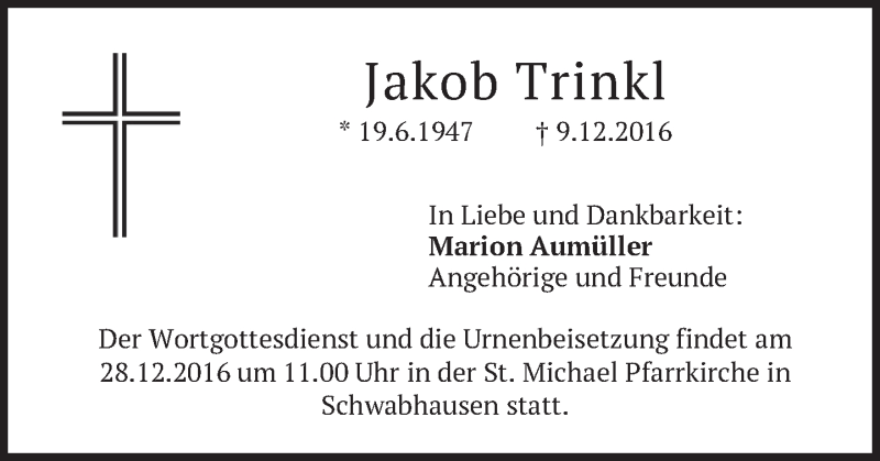 Traueranzeigen von Jakob Trinkl | trauer.merkur.de