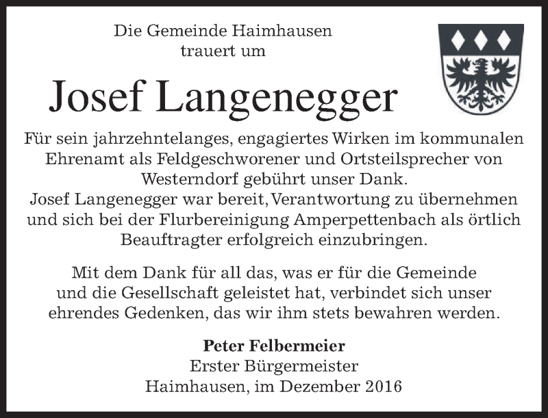  Traueranzeige für Josef Langenegger vom 17.12.2016 aus merkurtz