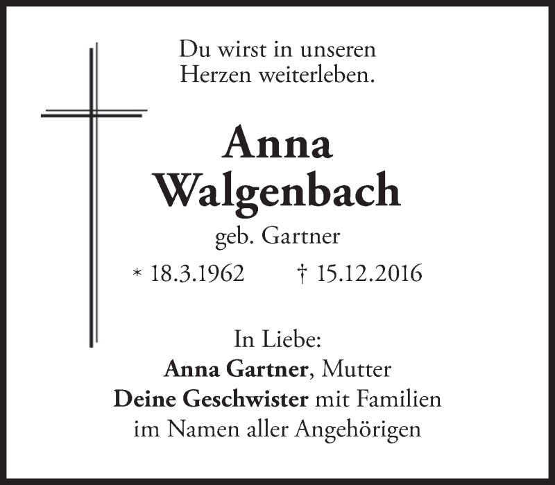  Traueranzeige für Anna Walgenbach vom 19.12.2016 aus merkurtz