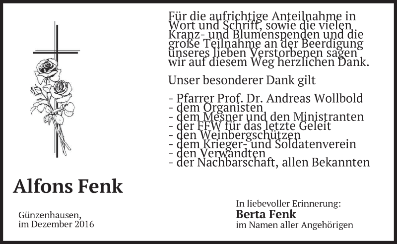  Traueranzeige für Alfons Fenk vom 17.12.2016 aus merkurtz