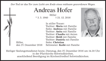 Traueranzeige von Andreas Hofer von merkurtz