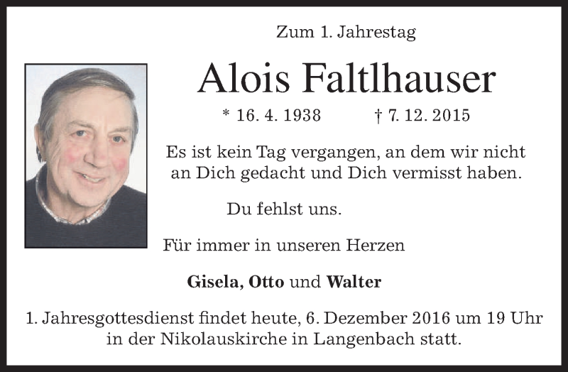  Traueranzeige für Alois Faltlhauser vom 06.12.2016 aus merkurtz