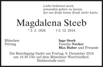 Traueranzeige von Magdalena Steeb von merkurtz