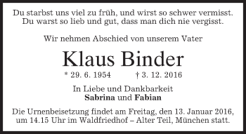 Traueranzeige von Klaus Binder von merkurtz