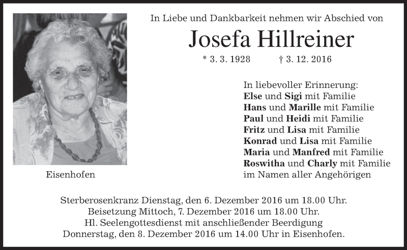  Traueranzeige für Josefa Hillreiner vom 05.12.2016 aus merkurtz