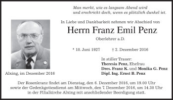 Traueranzeige von Franz Emil Penz von merkurtz