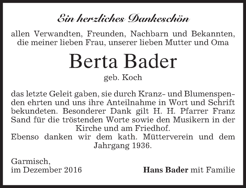  Traueranzeige für Berta Bader vom 03.12.2016 aus merkurtz