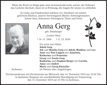Traueranzeige von Anna Gerg von merkurtz
