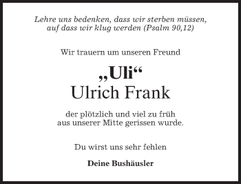 Traueranzeige von Ulrich Frank von merkurtz