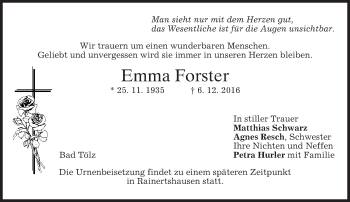 Traueranzeige von Emma Forster von merkurtz