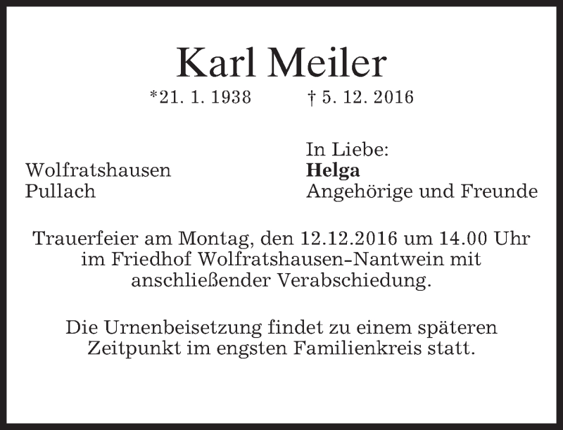  Traueranzeige für Karl Meiler vom 10.12.2016 aus merkurtz