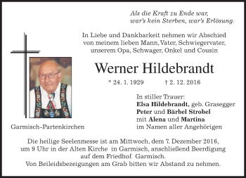 Traueranzeige von Werner Hildebrandt von merkurtz