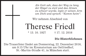 Traueranzeige von Therese Friedl von merkurtz