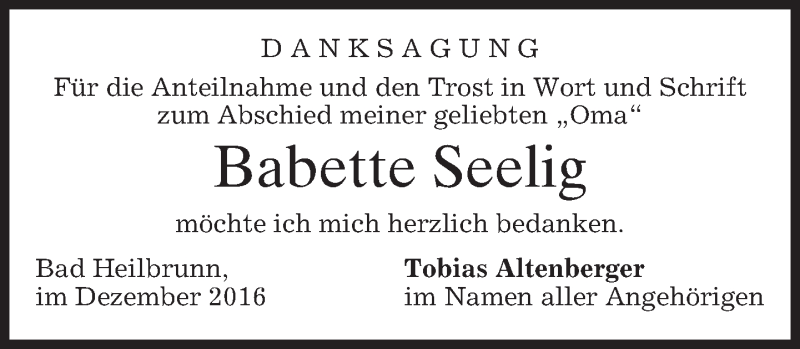  Traueranzeige für Babette Seelig vom 08.12.2016 aus merkurtz