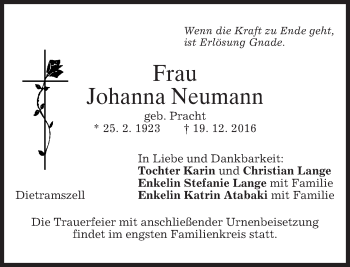 Traueranzeige von Johanna Neumann von merkurtz