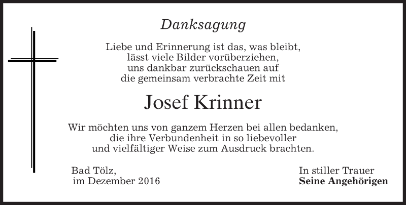  Traueranzeige für Josef Krinner vom 28.12.2016 aus merkurtz