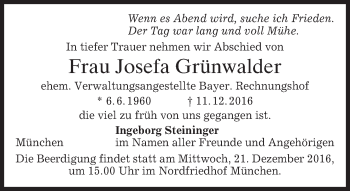 Traueranzeige von Josefa Grünwalder von merkurtz