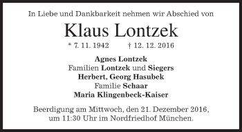 Traueranzeige von Klaus Lontzek von merkurtz