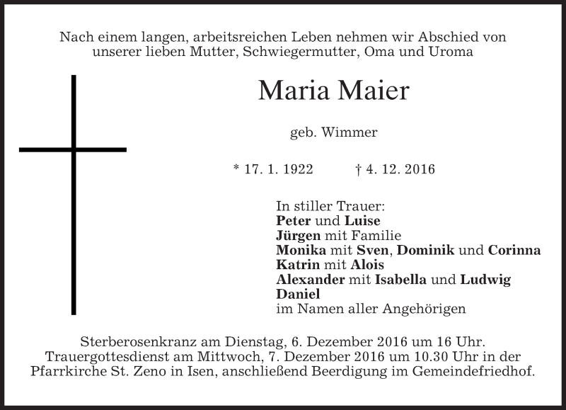  Traueranzeige für Maria Maier vom 06.12.2016 aus merkurtz