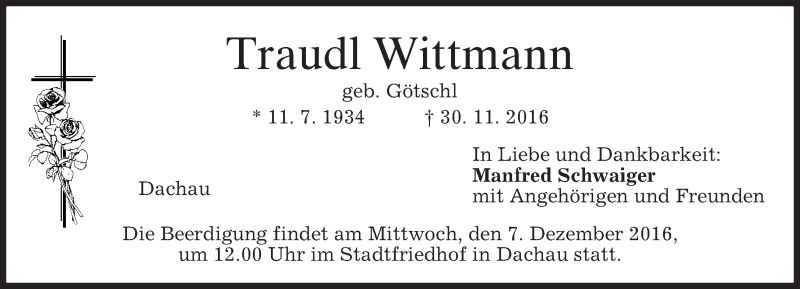  Traueranzeige für Traudl Wittmann vom 03.12.2016 aus merkurtz