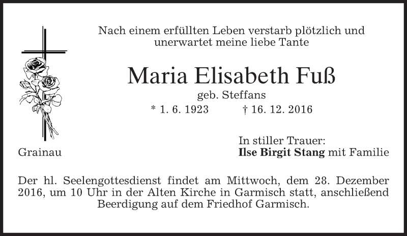  Traueranzeige für Maria Elisabeth Fuß vom 24.12.2016 aus merkurtz