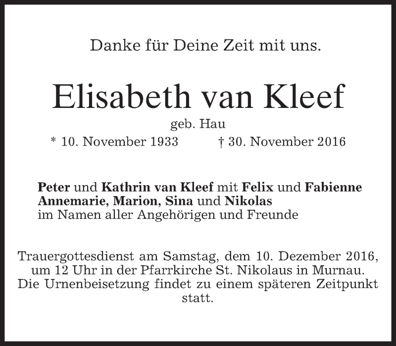 Traueranzeige für Elisabeth van Kleef vom 08.12.2016 aus merkurtz
