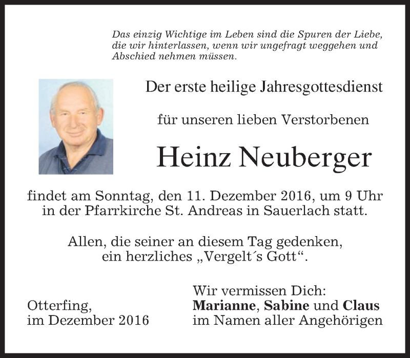  Traueranzeige für Heinz Neuberger vom 10.12.2016 aus merkurtz