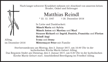 Traueranzeige von Matthias Reindl von merkurtz