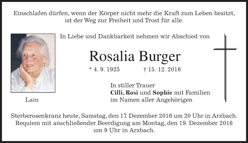  Traueranzeige für Rosalia Burger vom 17.12.2016 aus merkurtz
