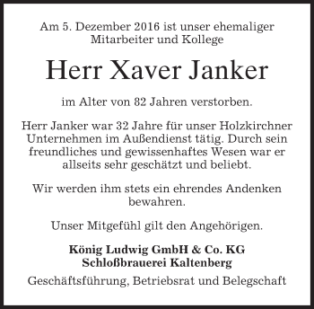 Traueranzeige von Xaver Janker von merkurtz