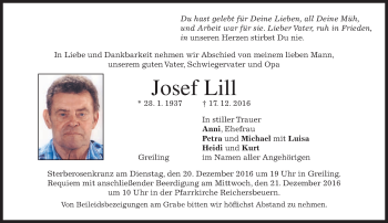 Traueranzeige von Josef Lill von merkurtz