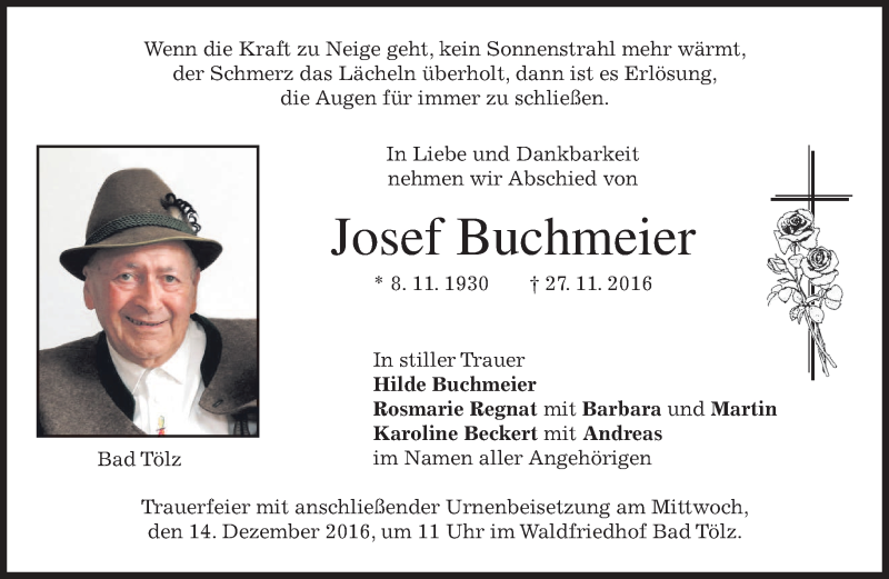  Traueranzeige für Josef Buchmeier vom 10.12.2016 aus merkurtz